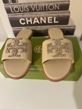 Tory Burch Neutral Crystal-Embellished Leather Slide Sandals